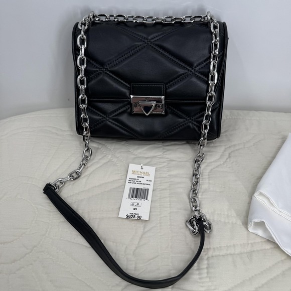 Michael Kors Serena Shoulder Bag Womens Black Quilted Vegan Chain Crossbody - Picture 2 of 14